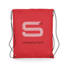 A red drawstring bag with the Steadyrack logo and a graphic of a cyclist on the front.