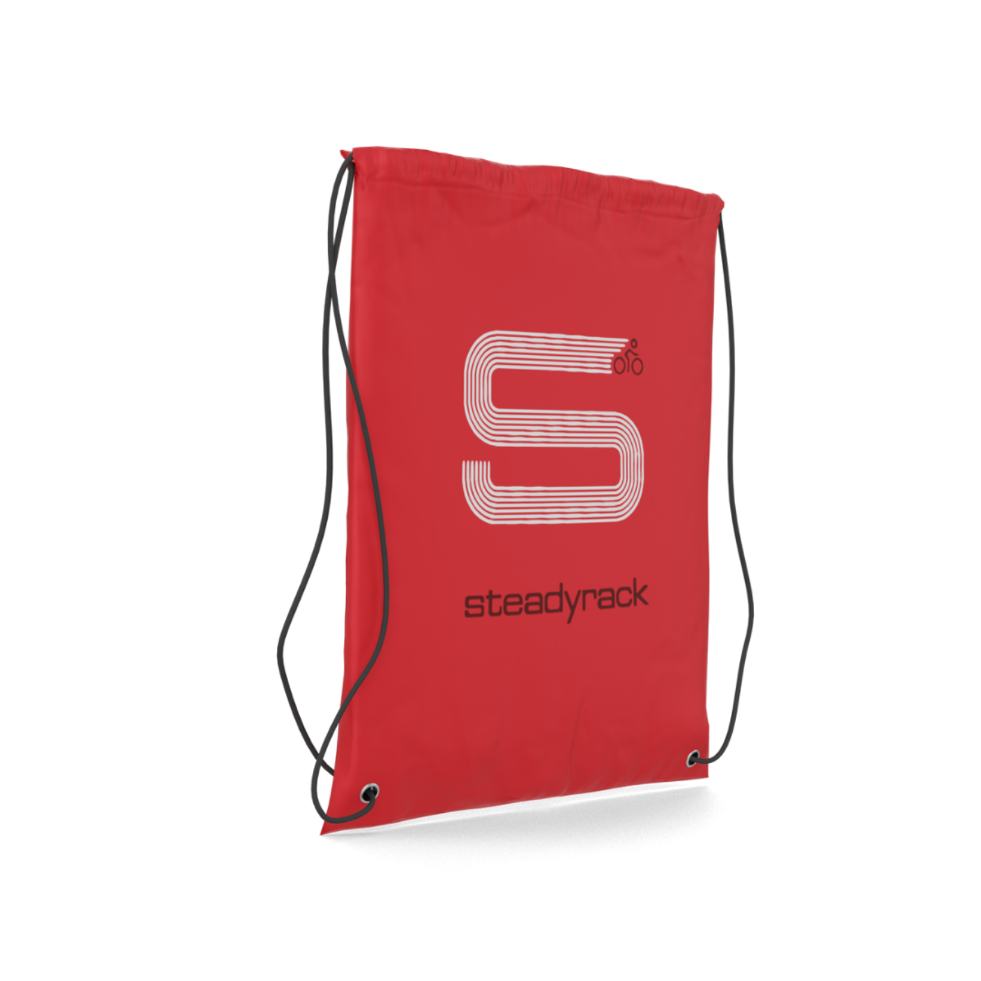 A red drawstring bag with a Steadyrack logo.