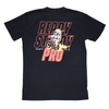 A Ready Steady Pro logo with an astronaut riding a bike surrounded in flames on the back of a black t-shirt.