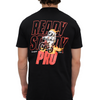 A model in a black t-shirt with an astronaut riding a bike with flames and a Ready Steady Pro logo.