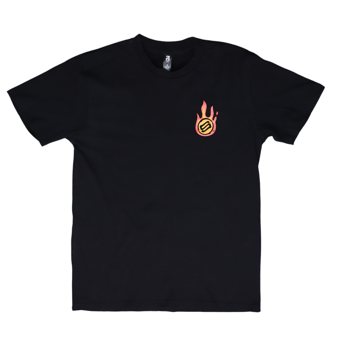 A black t-shirt with a Steadyrack flame logo.