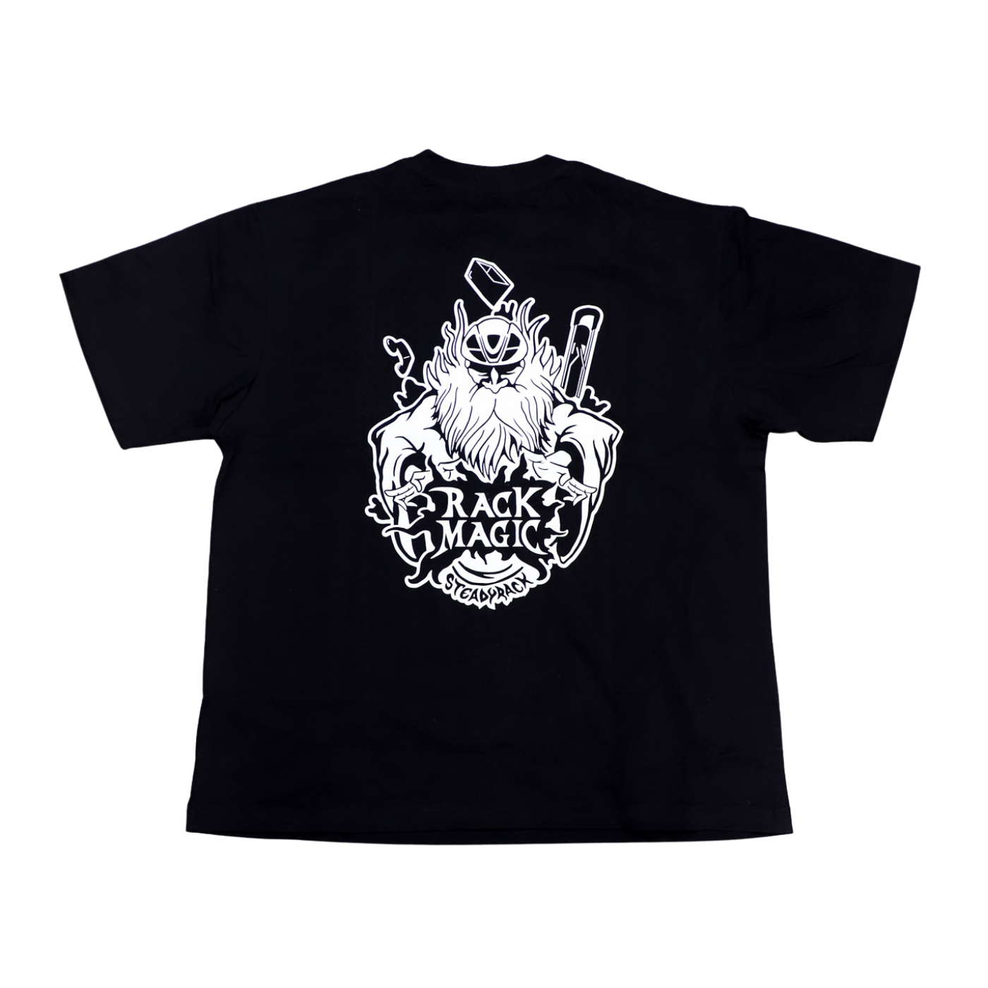 Black t-shirt with white graphic design on a white background