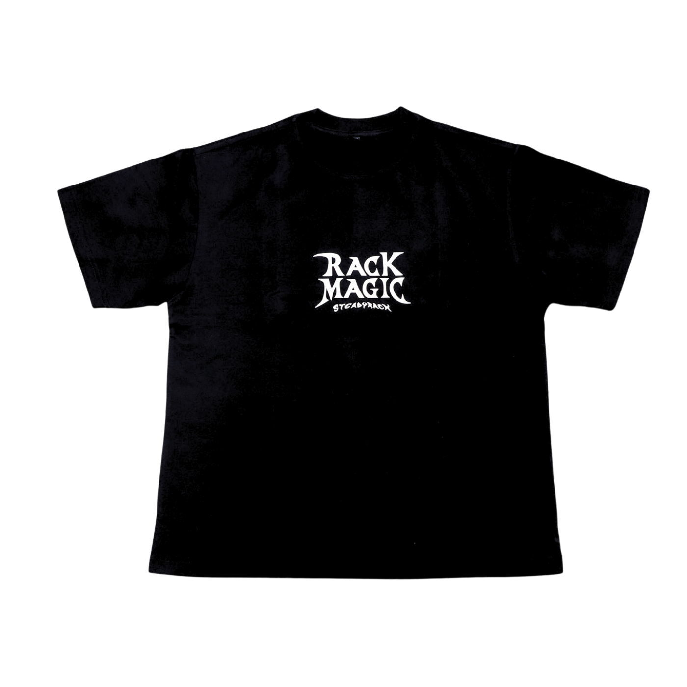Black t-shirt with 'Rack Magic' logo on a white background